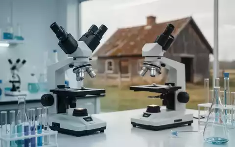 Ein Mikroskop steht in einem modernen Labor vor einem unscharfen Hintergrund eines Bauernhofs, symbolisch für die Allergieforschung. - Foto: über boerse-global.de