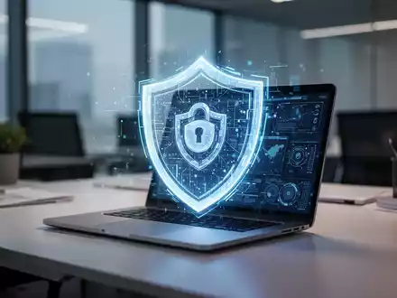 Digitales Schutzschild-Hologramm über einem Laptop-Bildschirm als Symbol für KI-gestützte Abwehr von Deepfake-Betrug. - Foto: über boerse-global.de