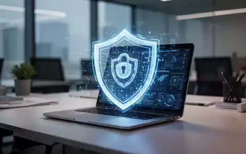 Digitales Schutzschild-Hologramm über einem Laptop-Bildschirm als Symbol für KI-gestützte Abwehr von Deepfake-Betrug. - Foto: über boerse-global.de