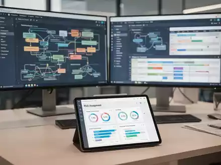 Ein moderner Schreibtisch mit Monitoren, die komplexe IT-Projektdaten und Risikokennzahlen für eine Prüfung anzeigen. - Foto: über boerse-global.de