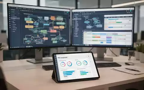 Ein moderner Schreibtisch mit Monitoren, die komplexe IT-Projektdaten und Risikokennzahlen für eine Prüfung anzeigen. - Foto: über boerse-global.de