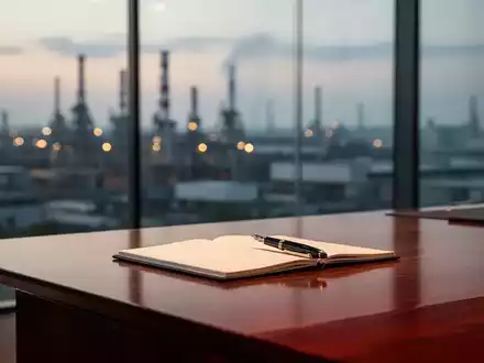 Modernes, minimalistisches Büro mit Blick auf eine Industriekulisse, symbolisiert Managementwandel und Führung. - Foto: über boerse-global.de