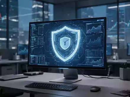 Ein leuchtendes digitales Sicherheitssymbol auf einem Computerbildschirm in einem modernen Büro als Metapher für Cybersicherheit. - Foto: über boerse-global.de