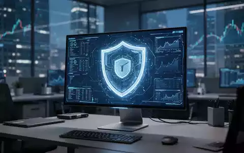 Ein leuchtendes digitales Sicherheitssymbol auf einem Computerbildschirm in einem modernen Büro als Metapher für Cybersicherheit. - Foto: über boerse-global.de
