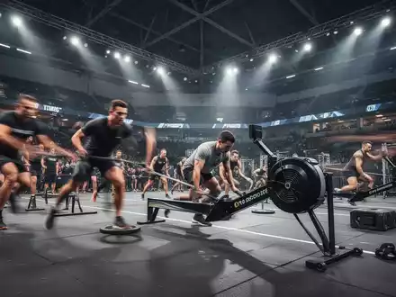 Athleten bei einem intensiven Hyrox-Fitnesswettkampf in einer modernen Arena mit funktionalen Kraftstationen. - Foto: über boerse-global.de