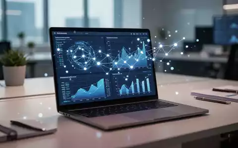Ein moderner Arbeitsplatz mit einem Laptop, auf dem abstrakte Datenvisualisierungen und digitale Netzwerkknoten zu sehen sind. - Foto: über boerse-global.de
