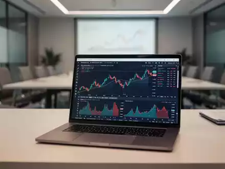 Moderner Arbeitsplatz mit Laptop, der Finanzdiagramme anzeigt, in einer professionellen Büroumgebung. - Foto: über boerse-global.de