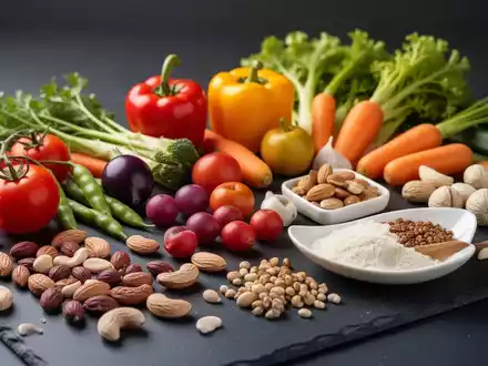 Gesunde, frische Lebensmittel wie Gemüse und Nüsse auf einem dunklen Hintergrund als Symbol für metabolische Ernährung. - Foto: über boerse-global.de
