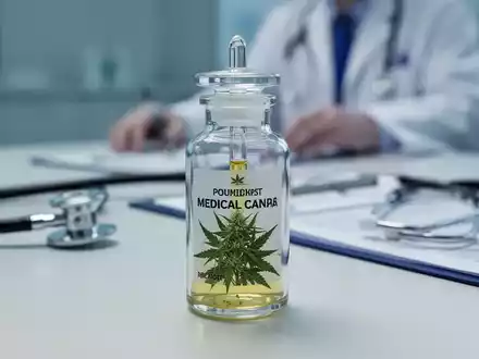 Ein Glasfläschchen mit medizinischem Cannabis-Extrakt in einer modernen Arztpraxis. - Foto: über boerse-global.de
