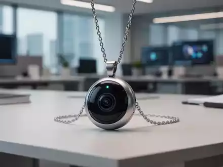 Ein modernes KI-Kamera-Wearable in Form eines Anhängers liegt auf einem Schreibtisch vor einem unscharfen Hintergrund. - Foto: über boerse-global.de