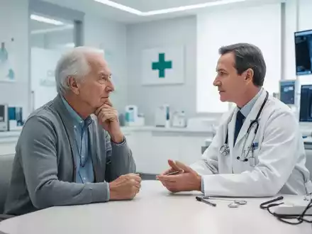 Ein Arzt im Gespräch mit einem älteren Patienten in einer modernen onkologischen Klinik. - Foto: über boerse-global.de