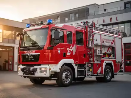 Ein modernes rotes Löschfahrzeug vom Typ LF 10 vor einem Feuerwehrhaus in Bayern bei Tageslicht. - Foto: über boerse-global.de