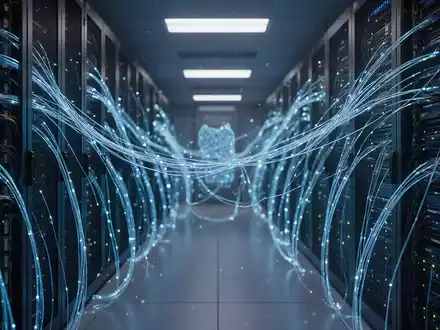 Modernes Rechenzentrum mit leuchtenden Glasfaserkabeln als Symbol für KI-Sicherheit und digitale Überwachung. - Foto: über boerse-global.de