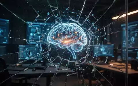 Abstrakte Darstellung eines digitalen neuronalen Netzwerks hinter einer zerbrochenen Glaswand als Symbol für Sicherheitslücken bei KI. - Foto: über boerse-global.de