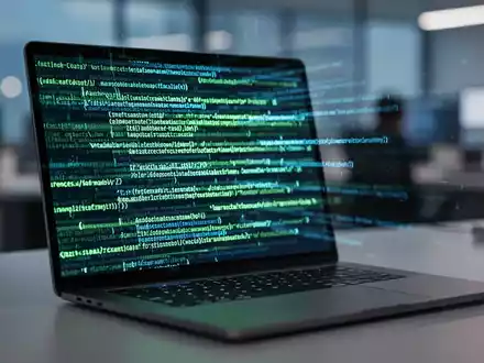 Nahaufnahme eines Laptops mit abstraktem Programmcode als Symbol für IT-Sicherheit und Software-Updates. - Foto: über boerse-global.de