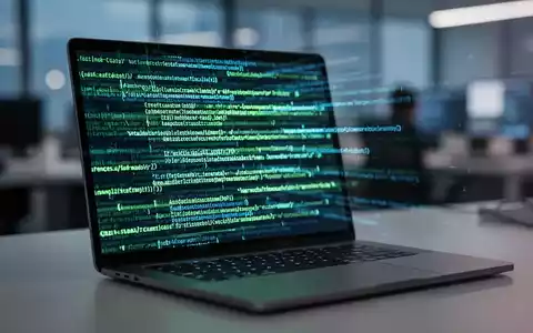 Nahaufnahme eines Laptops mit abstraktem Programmcode als Symbol für IT-Sicherheit und Software-Updates. - Foto: über boerse-global.de