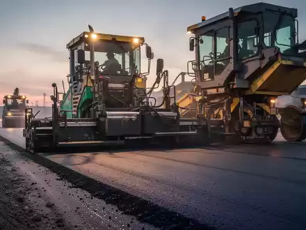 Baustelle mit Asphaltiermaschinen bei Dämmerung zur Symbolisierung von Straßenbauarbeiten. - Foto: über boerse-global.de
