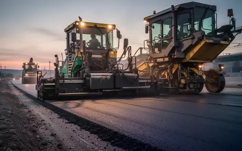 Baustelle mit Asphaltiermaschinen bei Dämmerung zur Symbolisierung von Straßenbauarbeiten. - Foto: über boerse-global.de