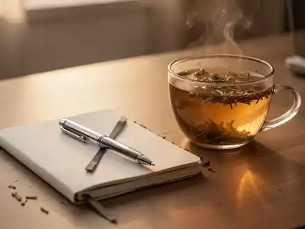 Ein ordentlicher Schreibtisch mit einem Notizbuch, einem Stift und einer Tasse Tee bei warmem Licht zur Entspannung. - Foto: über boerse-global.de