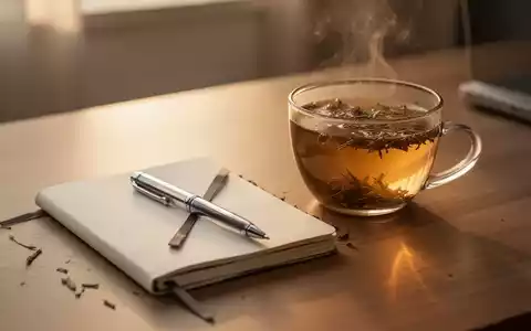 Ein ordentlicher Schreibtisch mit einem Notizbuch, einem Stift und einer Tasse Tee bei warmem Licht zur Entspannung. - Foto: über boerse-global.de