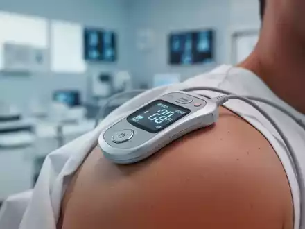 Ein modernes TENS-Gerät auf einer Schulter, das eine medizinische Schmerztherapie symbolisiert. - Foto: über boerse-global.de
