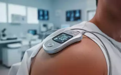 Ein modernes TENS-Gerät auf einer Schulter, das eine medizinische Schmerztherapie symbolisiert. - Foto: über boerse-global.de