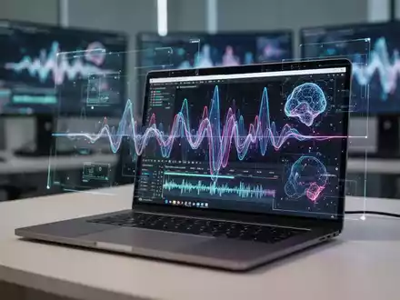 Ein moderner Arbeitsplatz mit einem Laptop, auf dem KI-gestützte Videobearbeitungstools und digitale Grafiken zu sehen sind. - Foto: über boerse-global.de