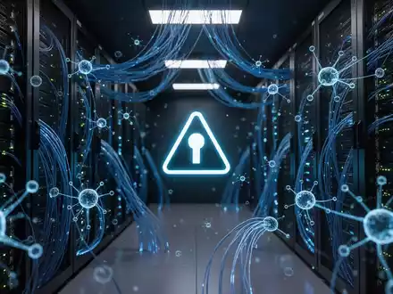 Abstraktes, hochmodernes Serverraum-Szenario mit leuchtenden Datenknoten und digitalen Sicherheitsrisiken. - Foto: über boerse-global.de