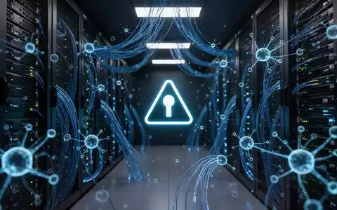 Abstraktes, hochmodernes Serverraum-Szenario mit leuchtenden Datenknoten und digitalen Sicherheitsrisiken. - Foto: über boerse-global.de