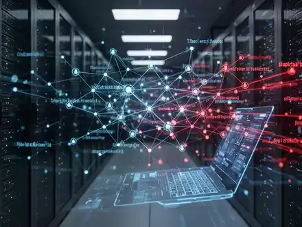 Digitale Darstellung einer Cyberbedrohung mit vernetzten Code-Knoten und Datenströmen in einem Serverraum. - Foto: über boerse-global.de