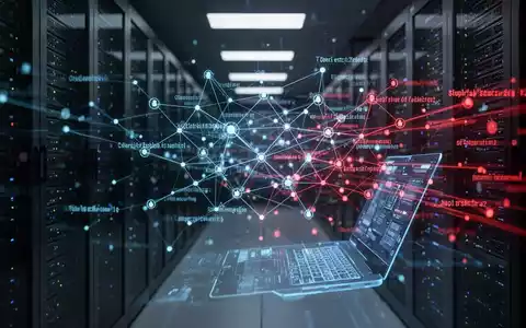 Digitale Darstellung einer Cyberbedrohung mit vernetzten Code-Knoten und Datenströmen in einem Serverraum. - Foto: über boerse-global.de