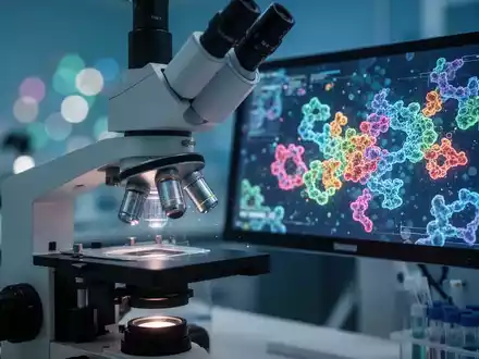 Nahaufnahme eines medizinischen Mikroskops mit holografischen Proteinvisualisierungen in einem Labor. - Foto: über boerse-global.de