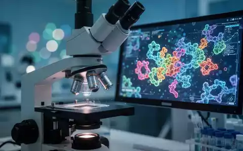 Nahaufnahme eines medizinischen Mikroskops mit holografischen Proteinvisualisierungen in einem Labor. - Foto: über boerse-global.de