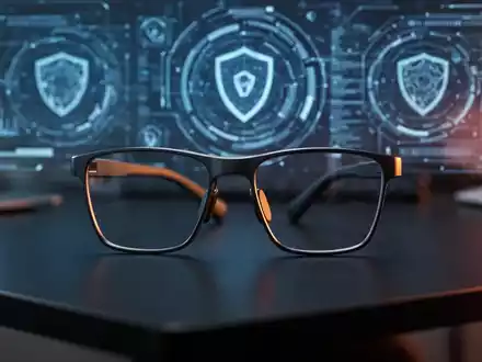 Moderne Smart Glasses auf einem Schreibtisch vor einem verschwommenen digitalen Hintergrund, der Datenschutzthemen symbolisiert. - Foto: über boerse-global.de