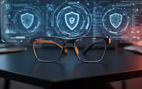 Moderne Smart Glasses auf einem Schreibtisch vor einem verschwommenen digitalen Hintergrund, der Datenschutzthemen symbolisiert. - Foto: über boerse-global.de