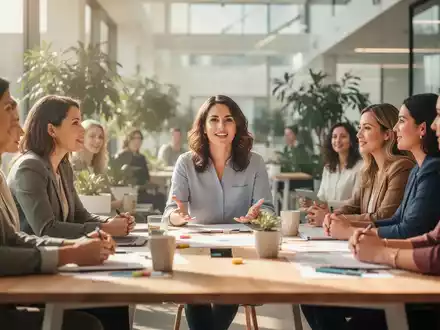 Eine Gruppe von Frauen bei einem Workshop in einem hellen, modernen Büro, die gemeinsam an einem Tisch sitzen. - Foto: über boerse-global.de