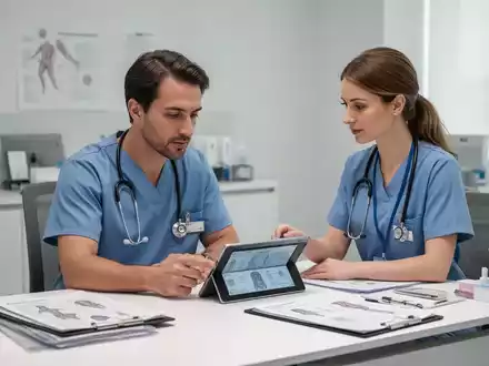 Ein Arzt und ein Physician Assistant arbeiten in einer modernen medizinischen Praxis gemeinsam an einem Tablet. - Foto: über boerse-global.de
