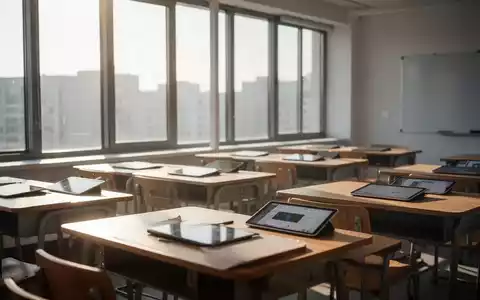 Ein modernes, sonnendurchflutetes Klassenzimmer mit Schreibtischen und Tablets als Symbol für die Bildungsreform. - Foto: über boerse-global.de