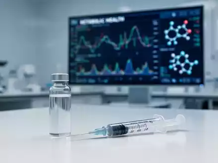 Medizinische Spritze und Fläschchen auf einem Labortisch vor einem Monitor mit wissenschaftlichen Daten zur Stoffwechselforschung. - Foto: über boerse-global.de
