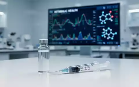Medizinische Spritze und FlĂ€schchen auf einem Labortisch vor einem Monitor mit wissenschaftlichen Daten zur Stoffwechselforschung. - Foto: ĂŒber boerse-global.de