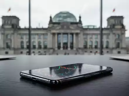 Ein Smartphone mit Krypto-Charts auf einem Schreibtisch vor dem unscharfen Gebäude des Deutschen Bundestages. - Foto: über boerse-global.de