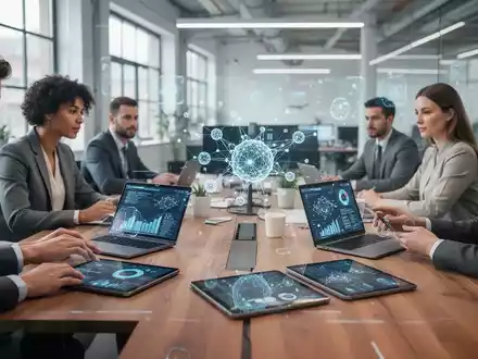 Ein Team von Fachleuten arbeitet in einem modernen Büro mit digitalen Datenvisualisierungen und KI-Schnittstellenelementen zusammen. - Foto: über boerse-global.de