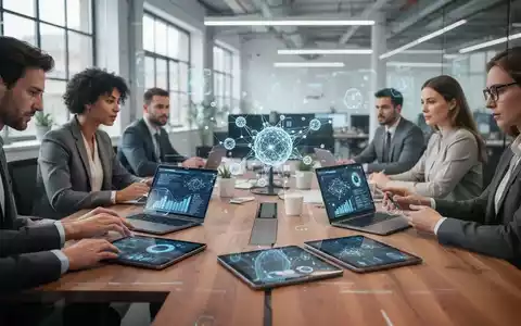 Ein Team von Fachleuten arbeitet in einem modernen Büro mit digitalen Datenvisualisierungen und KI-Schnittstellenelementen zusammen. - Foto: über boerse-global.de
