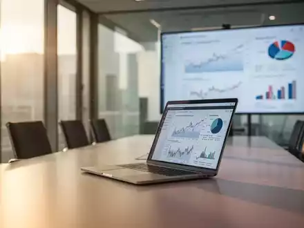 Modernes Büro mit Laptop und Finanzdiagrammen im Hintergrund, das geschäftliches Wachstum und Transaktionen symbolisiert. - Foto: über boerse-global.de