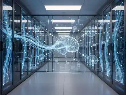 Abstraktes digitales Interface mit Datenströmen und neuronalen Netzwerkknoten in einem modernen Rechenzentrum. - Foto: über boerse-global.de