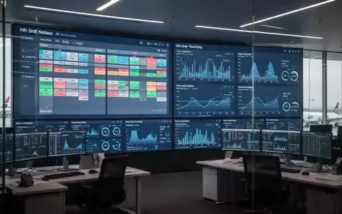 Moderne digitale HR-Dashboard-Anzeige zur Schichtplanung und Personallogistik in einem Flughafen-Betriebszentrum. - Foto: über boerse-global.de