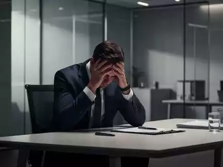 Ein nachdenklich wirkender Mann sitzt in einem modernen Büro und wirkt erschöpft, symbolisch für beruflichen Stress. - Foto: über boerse-global.de