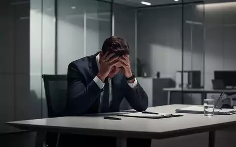Ein nachdenklich wirkender Mann sitzt in einem modernen Büro und wirkt erschöpft, symbolisch für beruflichen Stress. - Foto: über boerse-global.de