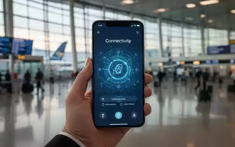 Eine Hand hält ein Smartphone am Flughafen, das digitale eSIM-Konnektivität für internationale Reisen symbolisiert. - Foto: über boerse-global.de