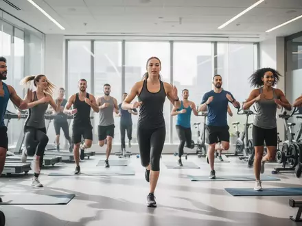 Eine Gruppe von Menschen bei einer geführten Trainingseinheit in einem modernen Büro-Fitnessraum zur Gesundheitsförderung. - Foto: über boerse-global.de